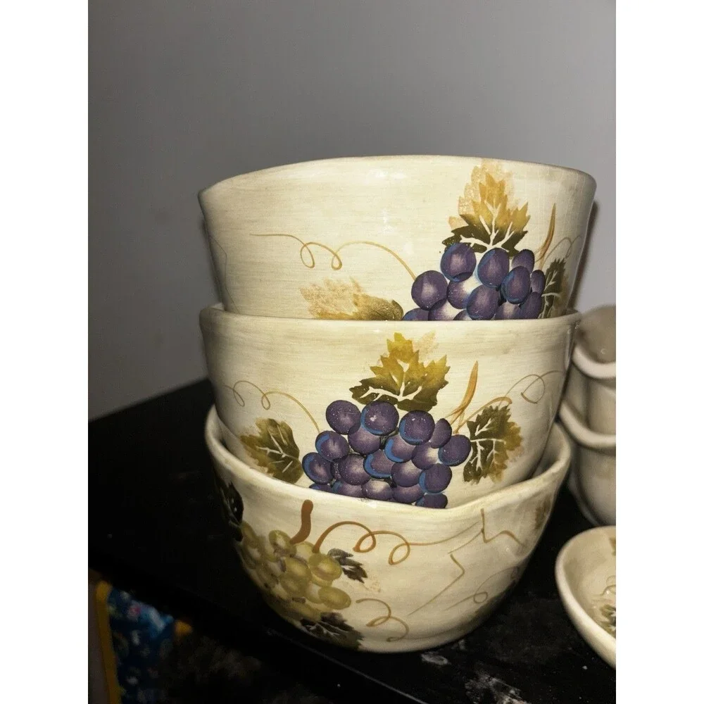 Tabletops Unlimited Cabernet Grapes Ceramic 21 Pieces Set Hand-painted Tuscan